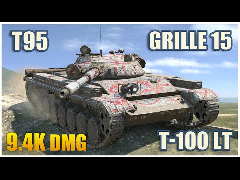 Видео: Т-100 ЛТ, Grille 15 & T95 • WoT Blitz Gameplay