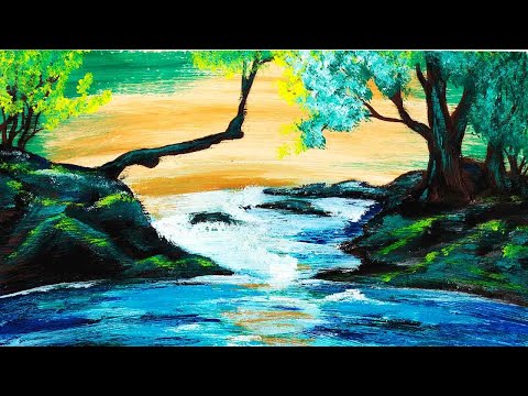 Видео: Как нарисовать пейзаж гуашью. Рисуем природу. Рисуем реку гуашью. Правополушарное рисование.