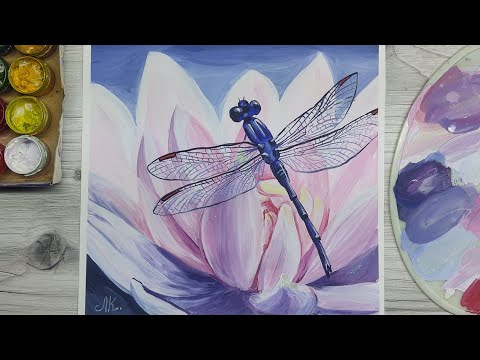 Видео: СТРЕКОЗА на лотосе гуашью.