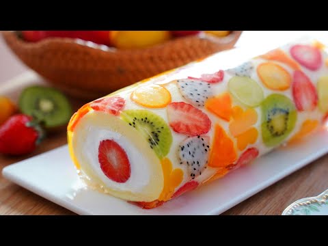 Видео: Красивый рулет с фруктовым желе. 🍓🥝🍊🍋🥭🍇 / Мерная чашка