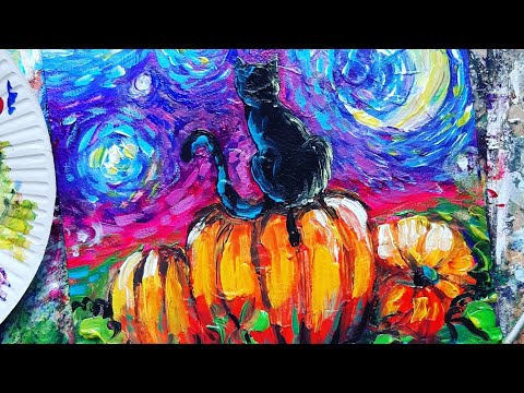 Видео: ЧЕРНЫЙ КОТ И ТЫКВЫ |Рисуем как Ван Гог✌This is Halloween👀