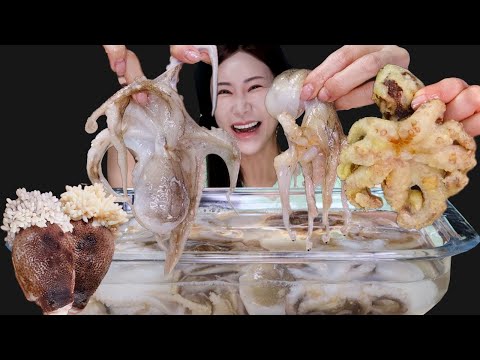 Видео: Сырый осьминог + жареный осьминог + морское соусо Мукбанг