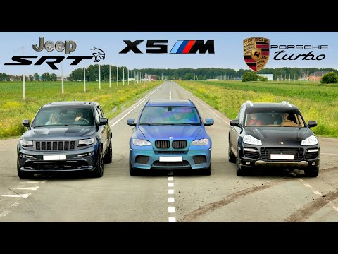 Видео: БИТВА Jeep SRT vs BMW X5M  vs Porsche Cayenne Turbo