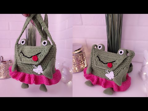 Видео: Вязаная крючком детская сумочка оформлена в виде лягушки, детская сумочка - лягушка крючком