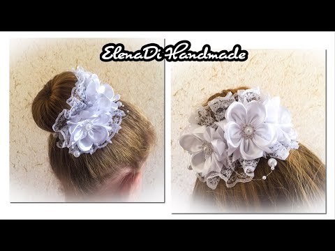 Видео: Белая резинка на пучок,гульку из атласных лент и кружева\ Канзаши\Канзаши на пучок