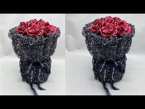 Видео: DIY | Урок по изготовлению букета роз из атласных лент | Упаковка круглого букета цветов
