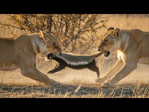 Видео: Львы сожалеют, что связались не с тем медоедом