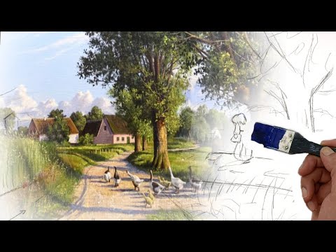 Видео: Переводной урок акрилом для начинающих - пейзаж - уютный деревенский стиль