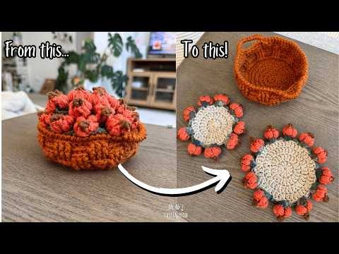 Видео: Вязаные крючком тыквы, которые превращаются в подставки! #PumpkinPatchCoasterBasket