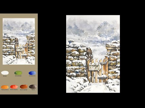 Видео: Пейзаж акварелью - Зимний вход (3x скорость, просмотр названий цветов)