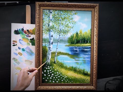 Видео: Летний пейзаж для самых начинающих|как легко нарисовать пейзаж с березами|Очень простая техника