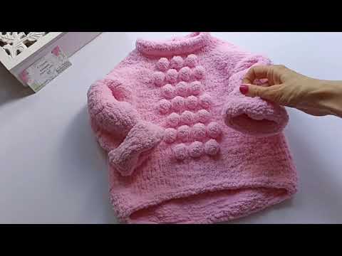 Видео: Джемпер для девочки из плюшевой пряжи. Реглан. Росток. Укороченные ряды. Шишечки