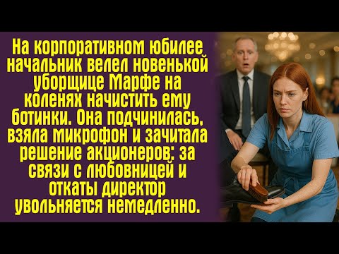 Видео: На корпоративном юбилее начальник велел новенькой уборщице Марфе на коленях начистить ему ботинки.