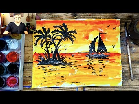 Видео: Красный закат на море - Рисуем красками