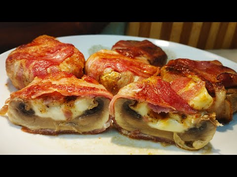 Видео: 310 # Грибы с копченым сыром, запеченные в беконе - на гриле или на сковороде идеальный вкус - Yami