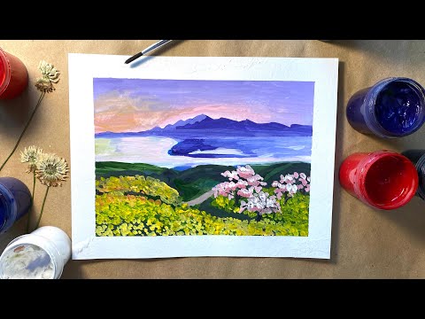 Видео: Как легко нарисовать весенний пейзаж гуашью | Рисуем весну, цветущие деревья и горный пейзаж