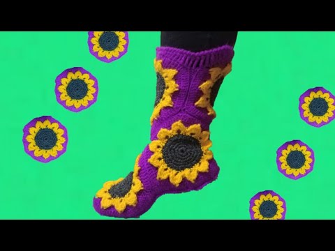 Видео: Тапочки сапожки крючком. Мотив цветок подсолнуха. How to crochet home slippers, boots. МК