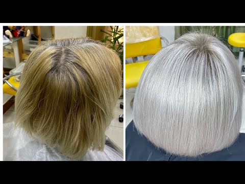 Видео: Платиновый блонд с темным корнем, обесцвечивание желтых волос. Окрашивание волос