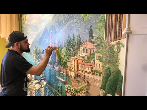 Видео: Роспись стен аэрография Сказочный пейзаж Wall painting airbrushing A fabulous landscape