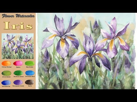 Видео: Ирис - Цветочная акварель (sketch & coloring, Arches rough) NAMIL ART