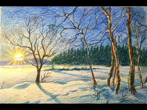 Видео: Мастер-класс "Зимний пейзаж с березами". Цветные карандаши