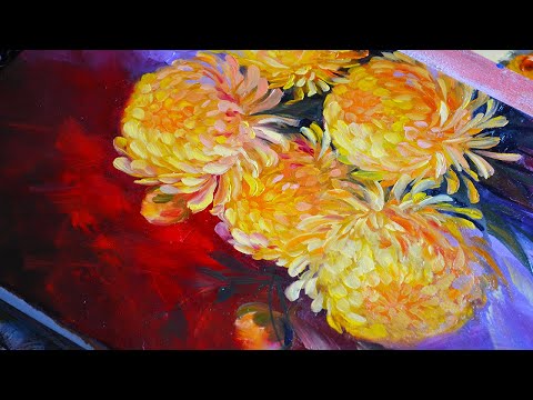 Видео: ХРИЗАНТЕМЫ маслом.  Пишу картину на бумаге.