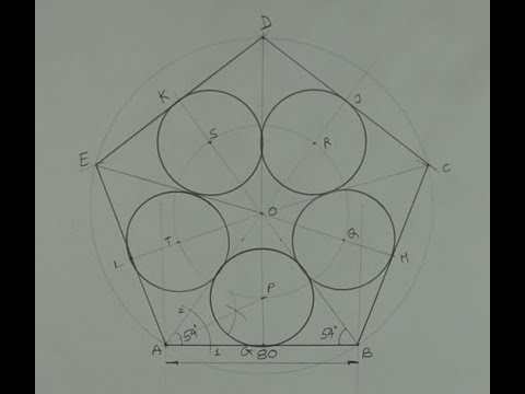 Видео: Как нарисовать пять равных кругов внутри пятиугольника, касающихся одной стороны и двух других кр...