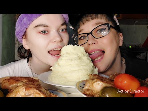 Видео: Мукбанг | Пюре,жареная курица,соленья,маринованный лук | Обжор
