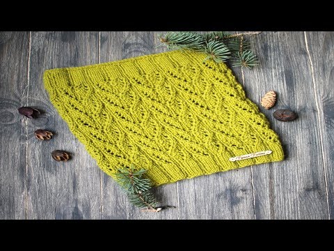 Видео: Снуд спицами "ажурные листья"