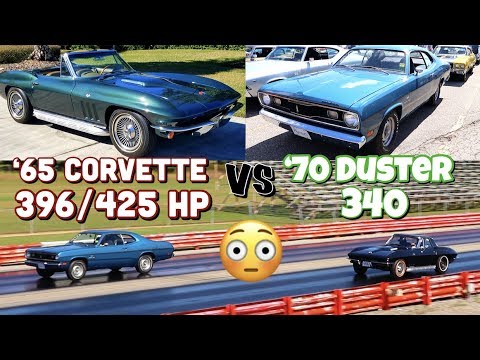 Видео: Corvette 1965 года против Plymouth Duster 340 1970 года — гонка на чистом стандарте (лучший из 3)