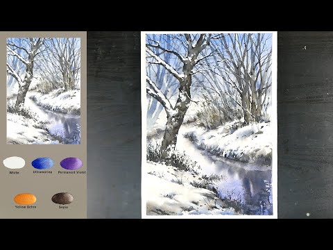 Видео: Без эскиза Пейзаж акварелью - Зимний лес (3x скорость, Просмотр названий цветов)