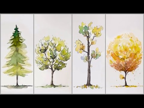 Видео: Как нарисовать 4 разных дерева для начинающих / Простая техника акварельной живописи # 485