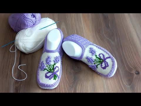 Видео: Тапочки "Весенний букетик".💐 тунисское вязание. часть 1.