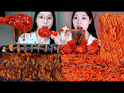 Видео: АСМР МУКБАНГ | Близнецы Black SULGI и Red SULGI (огненная лапша, грибы из черной фасоли).