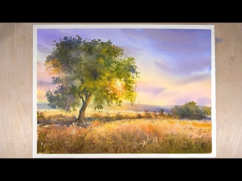 Видео: Рисование рисового поля днем акварелью