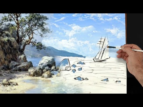 Видео: Акриловые краски - учимся рисовать парусники, облака, морские волны, горы, скалы - пейзажи