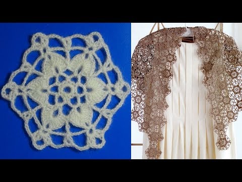 Видео: Цветочный мотив для шали крючком. (мк)