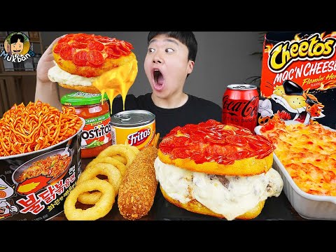 Видео: ASMR MUKBANG | гамбургер, Сырная палочка, Огненная лапша, хотдог рецепт блюда принимать пищу