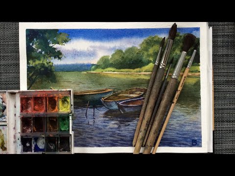 Видео: Уроки рисования. Как рисовать воду акварелью.  Пейзаж " Лодки".