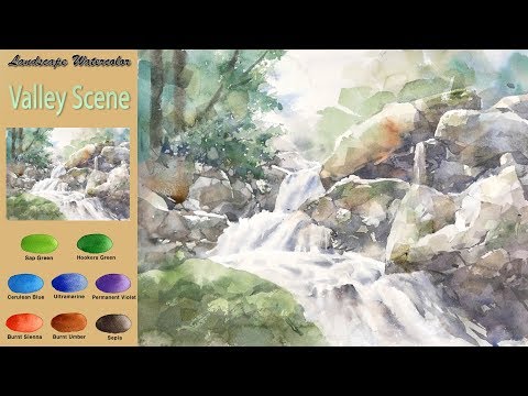 Видео: Без эскиза Пейзажная акварель - Сцена долины (wet-in-wet, Arches rough) NAMIL ART