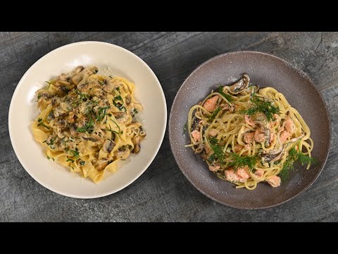 Видео: Тальятелле с грибами в сливочном соусе. Спагетти с копченым лососем и вешенками