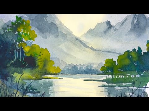 Видео: Рисуем фантастический пейзаж акварелью — горы и вид на озеро.