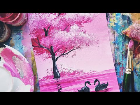 Видео: РОЗОВЫЙ ПРУД |Картинка-влюблинка💗 Ооооооочень просто гуашью! Рисунок для начинающих