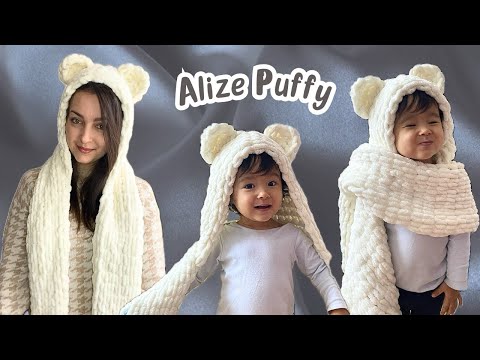 Видео: Шарф-капюшон с ушками из Alize Puffy