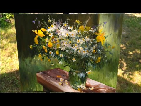 Видео: Пишем солнечный БУКЕТ РОМАШЕК на воздухе! Как нарисовать букет полевых цветов