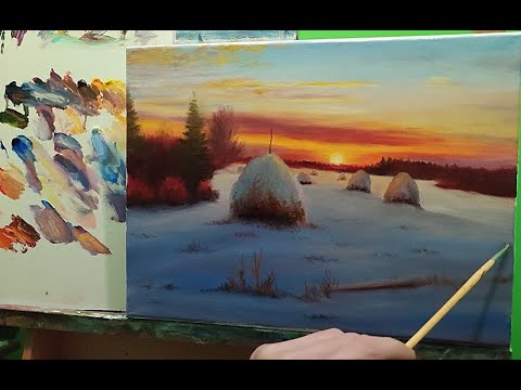 Видео: Учимся рисовать закат в тонах ближе к сумеркам|сельский пейзаж со стогами сена #живопись #art #пишем