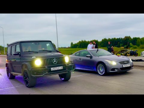 Видео: ЯДЕРНАЯ Infiniti G37 против G63 AMG и Golf R + Dodge Challenger 5.7 R/T v Subaru WRX Sti