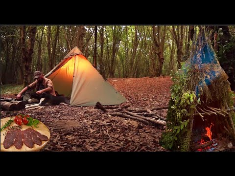 Видео: Лагерь Бушкрафт - изготовление копченостей - палаточный лагерь с печью - кемпинг в одиночестве на пр