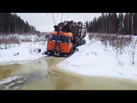 Видео: Тяжелые внедорожники КАМАЗ зимой пересекают северную дорогу❗