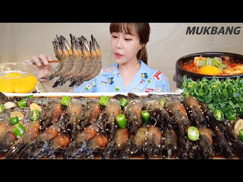 Видео: титр) Marinated Giant Black Tiger Shrimp 2kg Hot pepper Spicy Soft tofu stew REAL SOUND ASMR MUKBANG